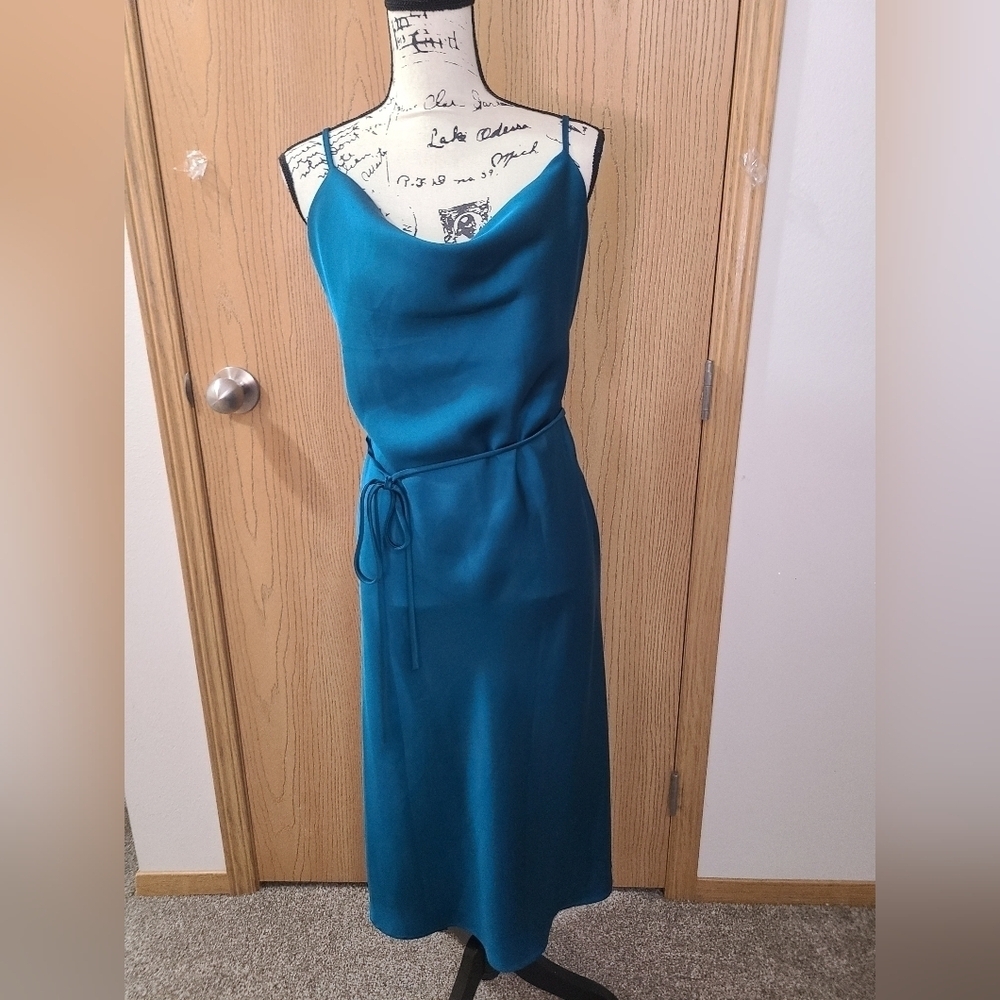 Tsher Teal Satin Cowl Neck Draped Satin Belted Cocktail Formal Bridesmaid Dress - Picture 1 of 3